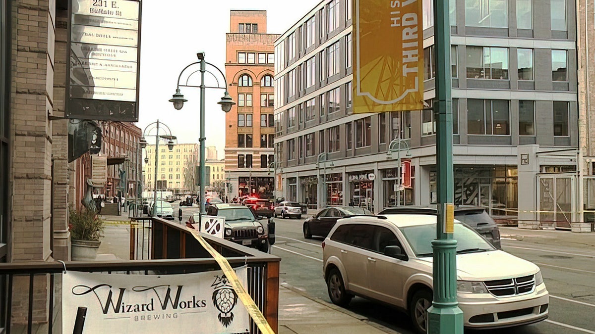 The scene outside of a Milwaukee, Wisconsin, Shake Shack where an off-duty police detective was shot during an attempted carjacking.