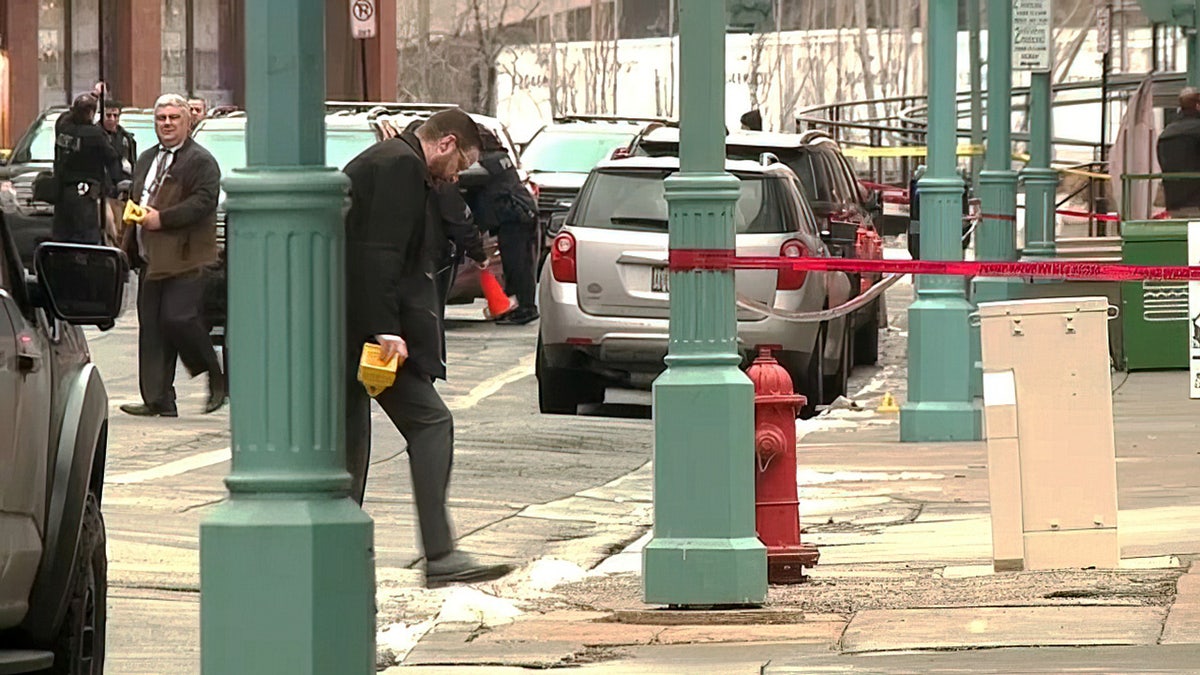 The scene outside of a Milwaukee, Wisconsin, Shake Shack where an off-duty police detective was shot during an attempted carjacking.