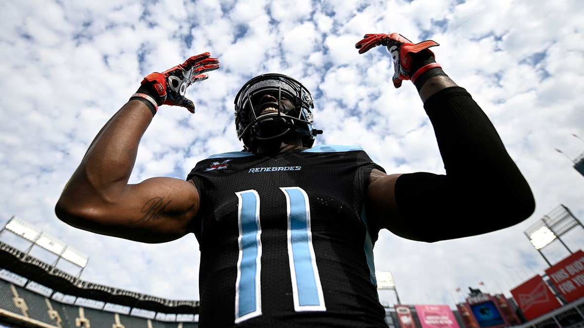 Joshua Crockett #11 of the Dallas Renegades smiles before the XFL game against the New York Guardians at Globe Life Park on March 7, 2020 in Arlington, Texas. 