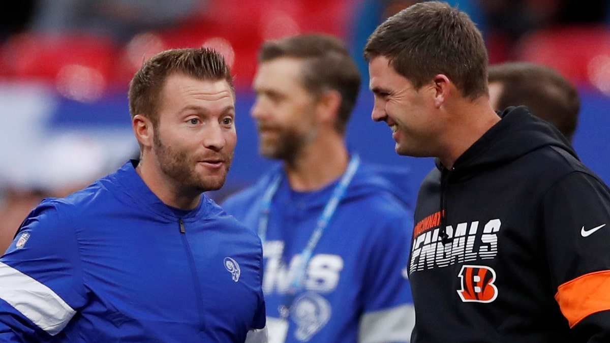 Los Angeles Rams head coach Sean McVay and Cincinnati Bengals head coach Zac Taylor before their game in the NFL International Series Oct. 27, 2019, at Wembley Stadium, London.