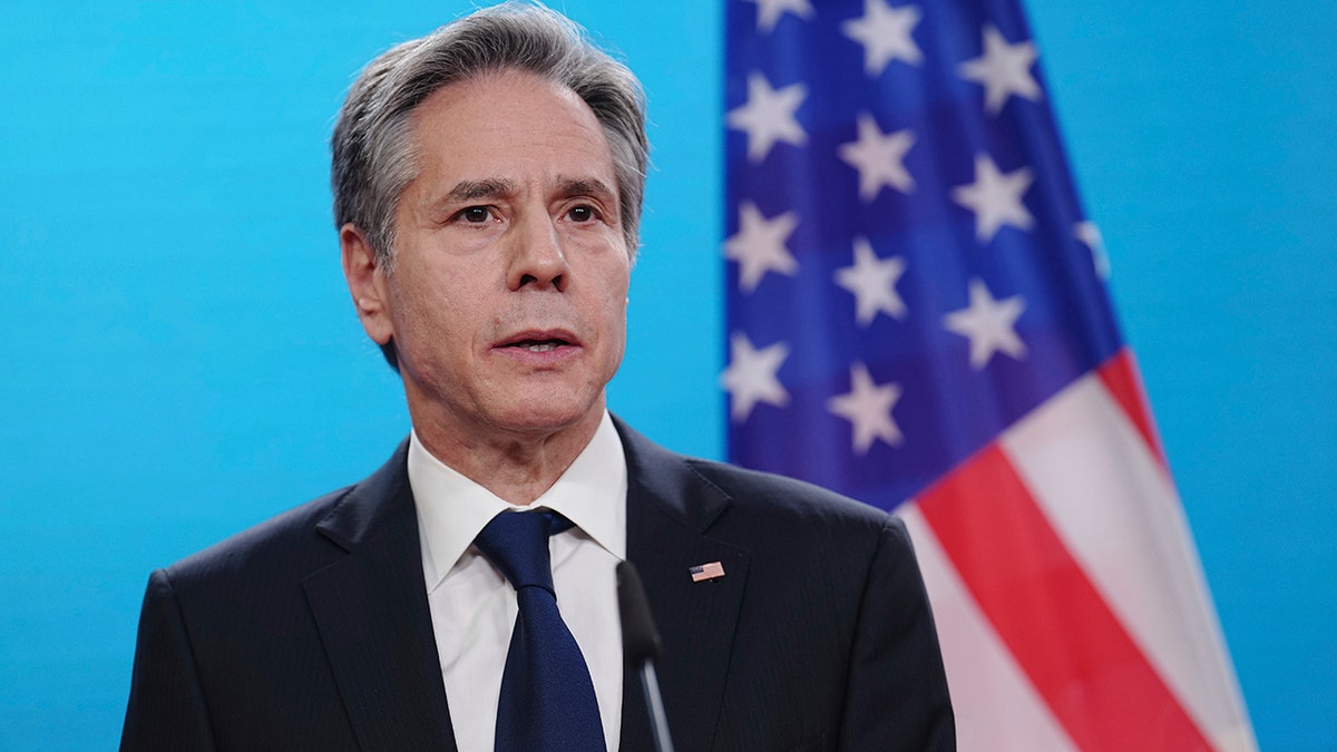 Secretary of State Antony Blinken speaks to the media after talks with the foreign ministers of Great Britain, Germany and France at the Federal Foreign Office in Berlin, Germany, Thursday, Jan.20, 2022.