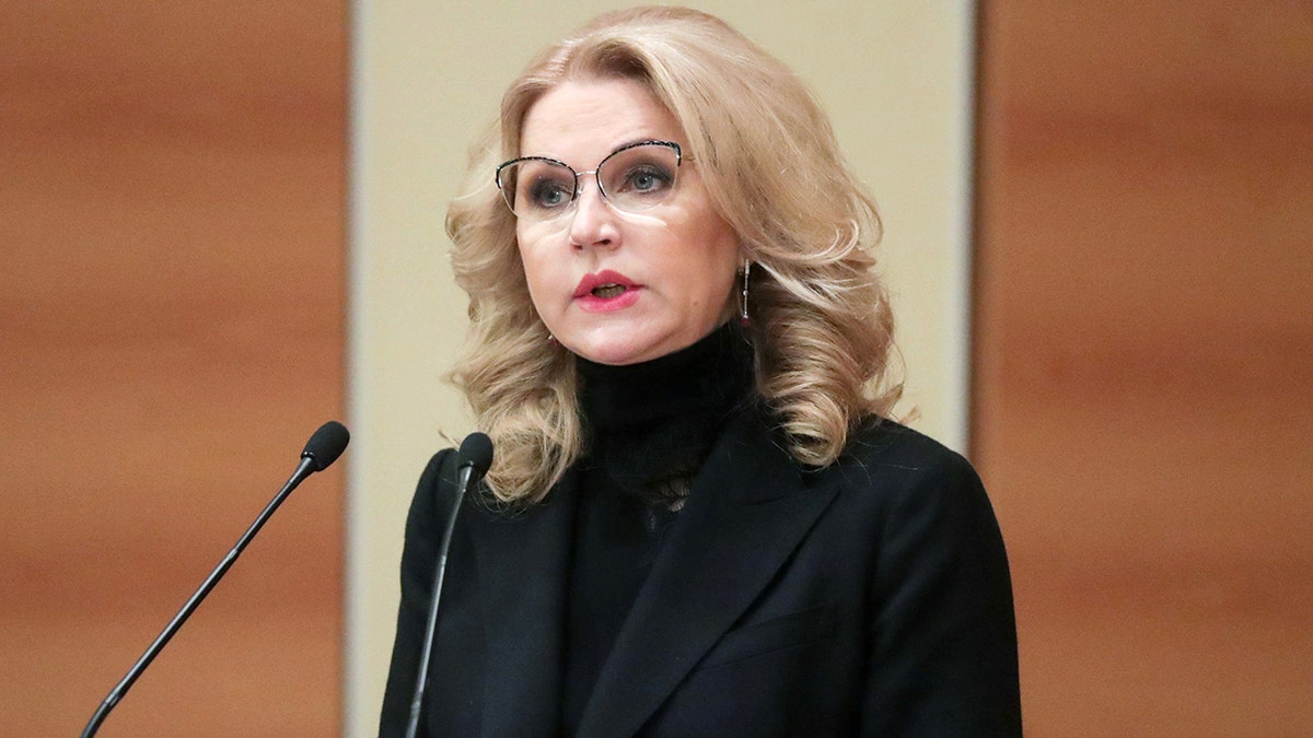 Russia's Deputy Prime Minister Tatyana Golikova addresses a meeting at the Russian State Duma, lower house of the Russian parliament, to discuss controversial proposed legislation on the use of vaccination QR-codes on public transport and in public places.