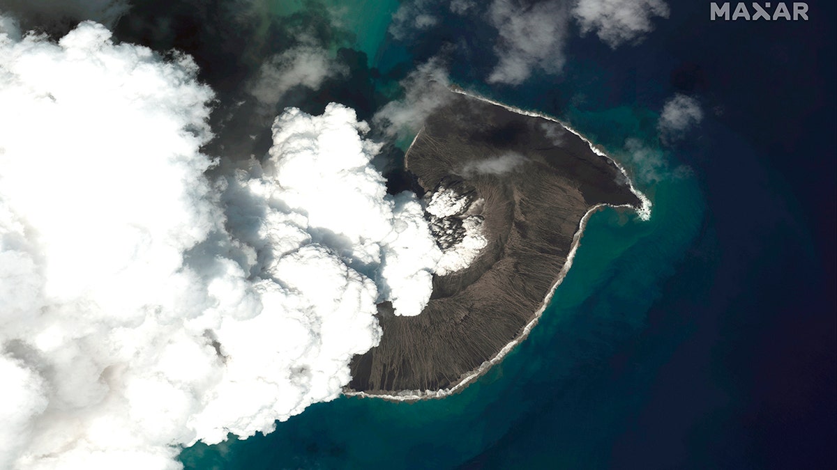 This satellite image provided by Maxar Technologies shows an overview of Hunga Tonga Hunga Ha’apai volcano in Tonga on Dec. 24, 2021.