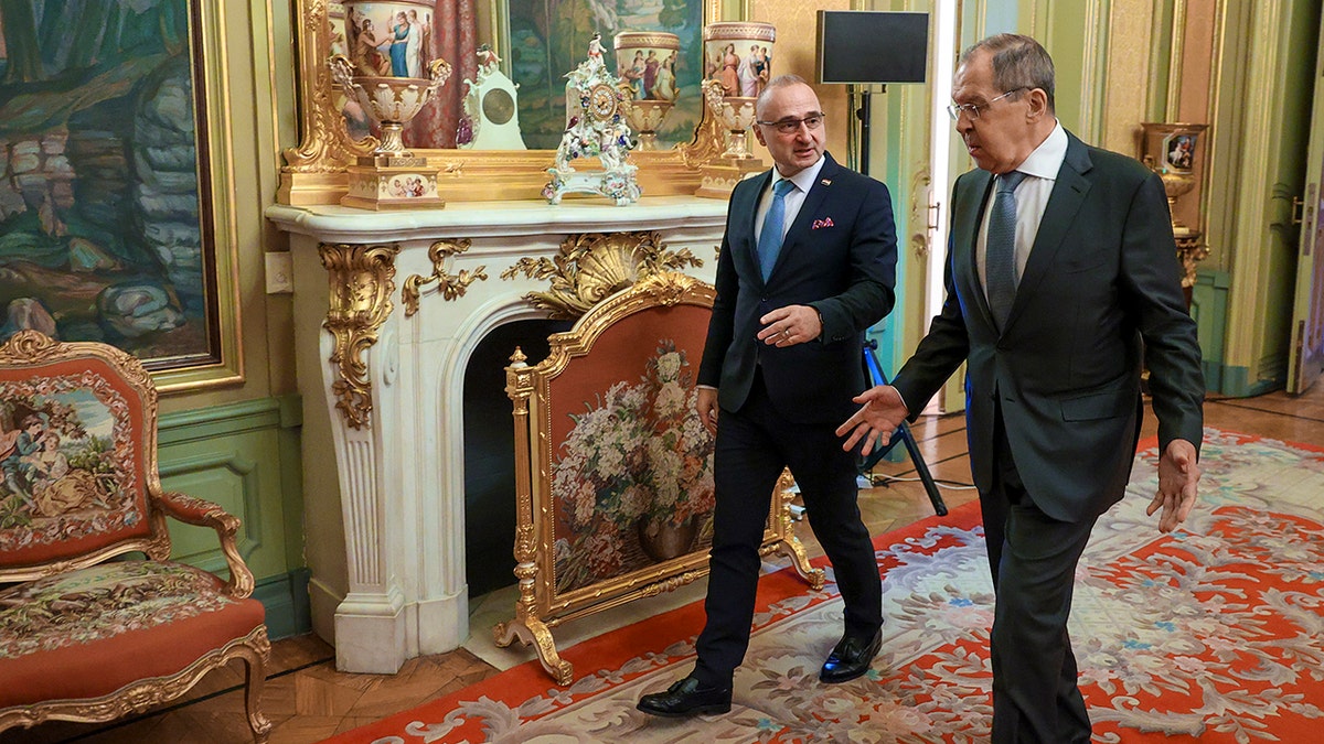 Russia Foreign Minister Sergey Lavrov, right, and Croatia Foreign Minister Gordan Grlic Radman