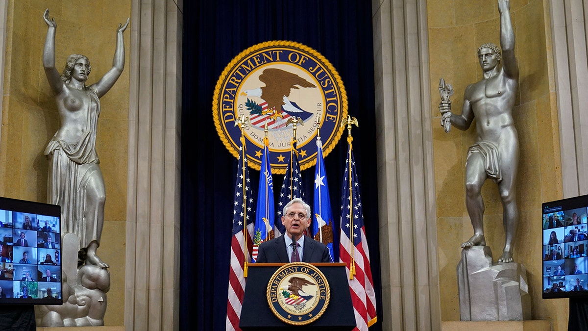 Attorney General Merrick Garland speaks at the Department of Justice in Washington, D.C., Jan. 5, 2022, in advance of the one-year anniversary of the attack on the US Capitol.
