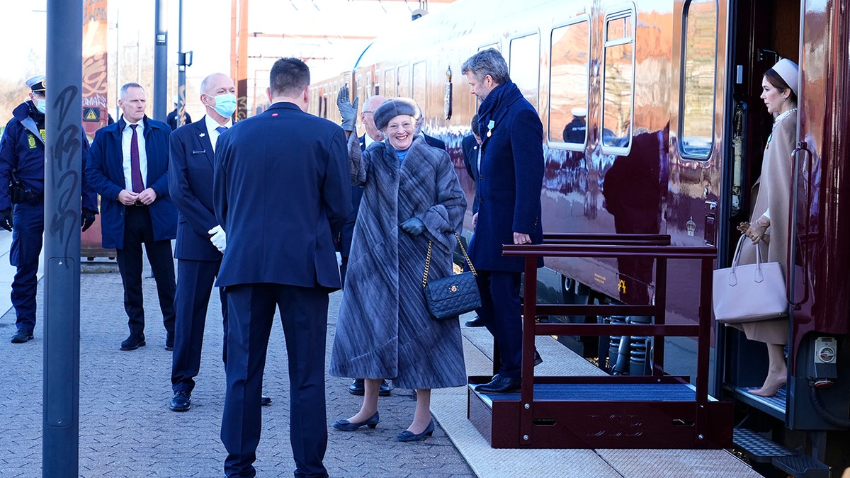 Queen Margrethe, Crown Prince Frederik and Crown Princes Mary arrives at Roskilde train station on their way to Roskilde Cathedral on the day of Queen Margrethe 50th Regent's Anniversary at Christiansborg Castle, Copenhagen, Friday Jan. 14, 2022. 