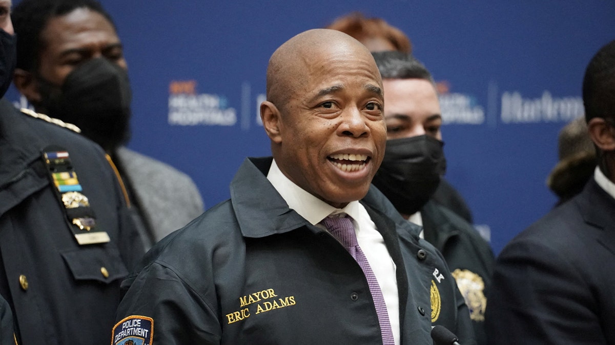 New York City Mayor Eric Adams speaks addresses the press about the scene where NYPD officers were shot while responding to a domestic violence call in the Harlem neighborhood of New York City, U.S., January 21, 2022. REUTERS/Dieu-Nalio Chery
