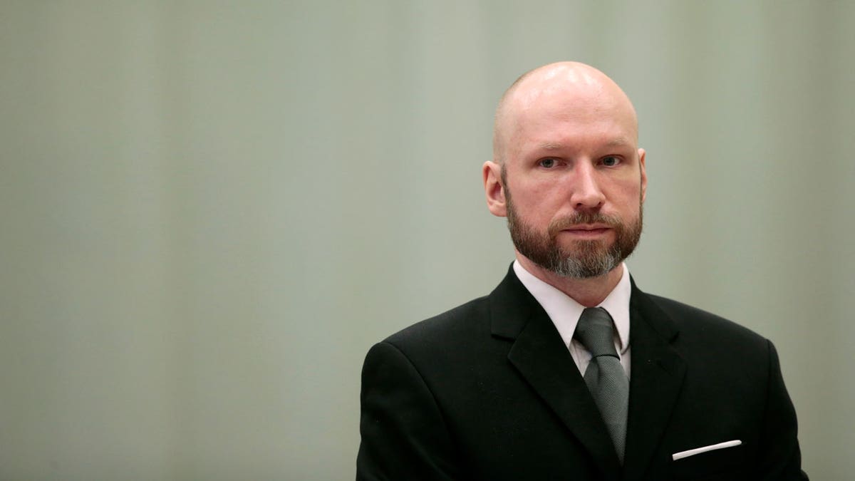 Convicted mass murderer Anders Behring Breivik looks on during the last day of his appeal case in Borgarting Court of Appeal at Telemark prison in Skien, Norway on Jan. 18, 2017.