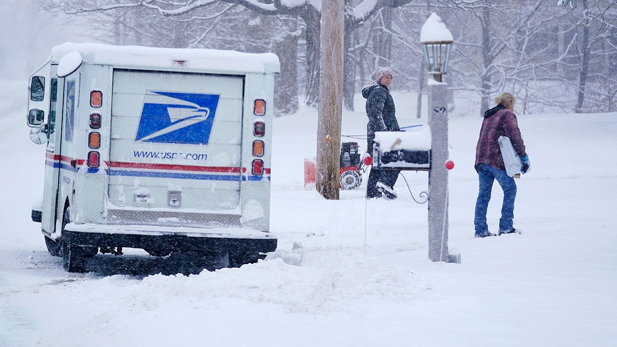 A U.S. Postal Service carrier delivers a package during a snowstorm Friday, Jan. 7, 2022, in East Derry, New Hampshire. 