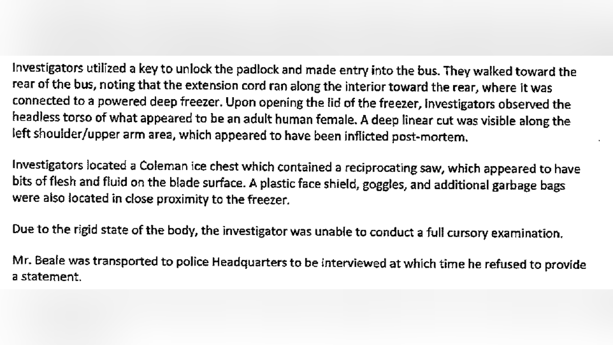 An excerpt from the affidavit for Benjamin Beale's arrest warrant.