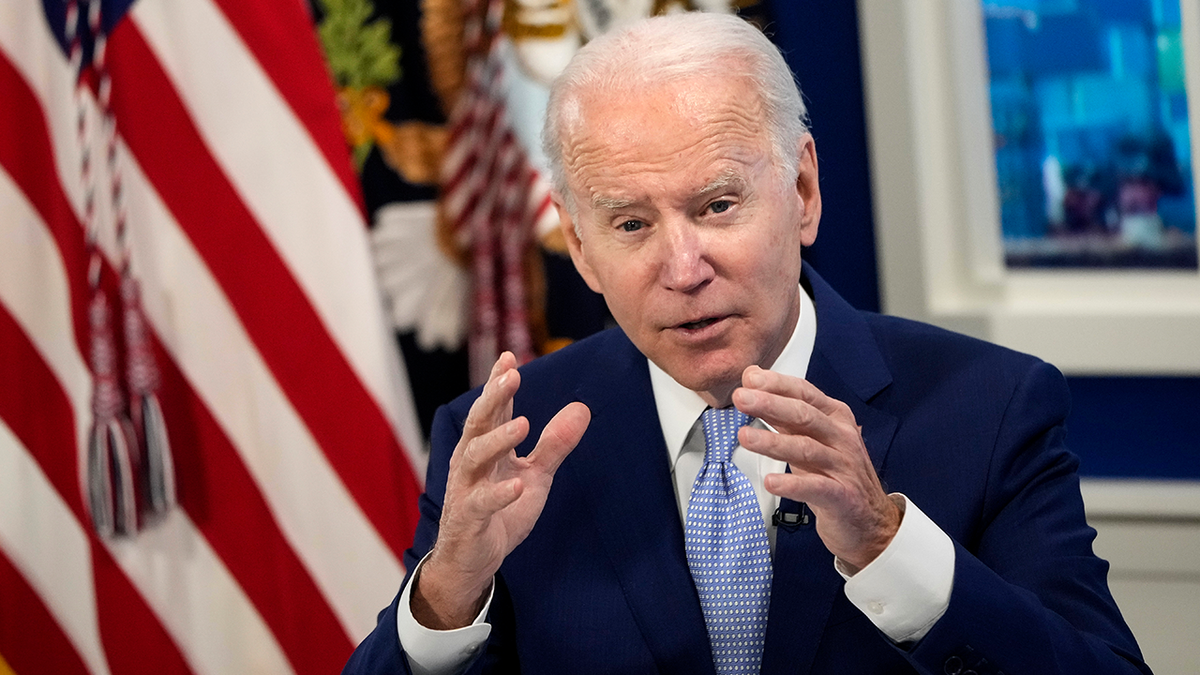 President Joe Biden speaks during a meeting with his administration's Supply Chain Disruptions Task Force and private sector CEOs in the South Court Auditorium of the White House Dec. 22, 2021.