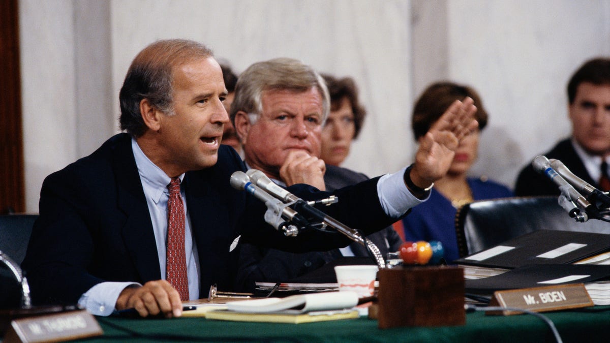 Senators Joseph Biden and Edward Kennedy during the Clarence Thomas Confirmation Hearings (Photo by © Wally McNamee/CORBIS/Corbis via Getty Images)