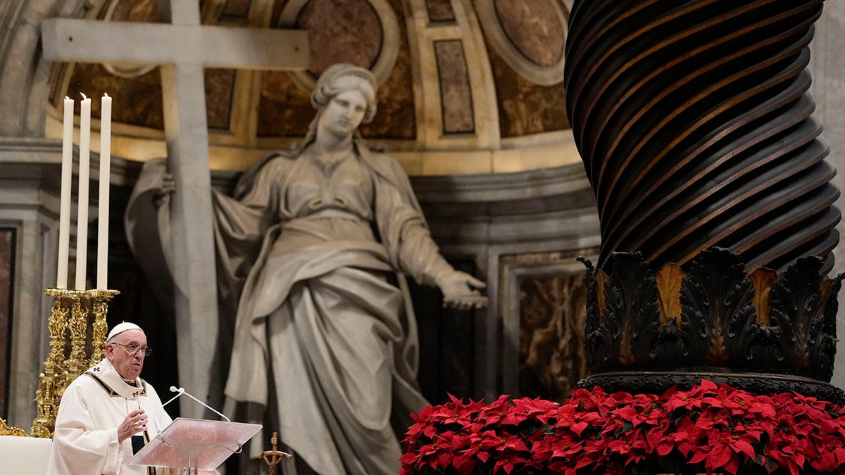 Pope Francis delivers his message as he celebrates an Epiphany mass in St. Peter's Basilica, at the Vatican, Thursday, Jan. 6, 2022. 