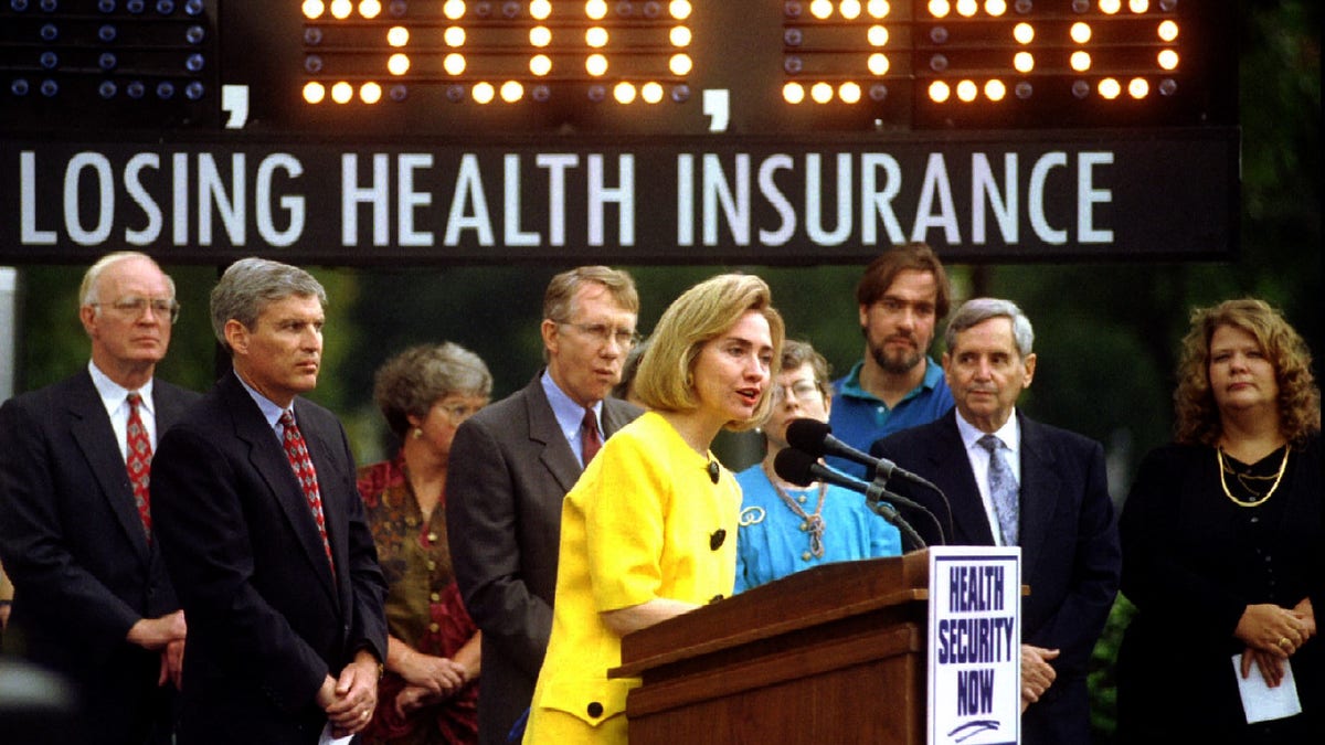 First Lady Hillary Rodham Clinton addresses a health care rally to push Congress to pass health care reform on Aug. 16, 1994. REUTERS/Stringer