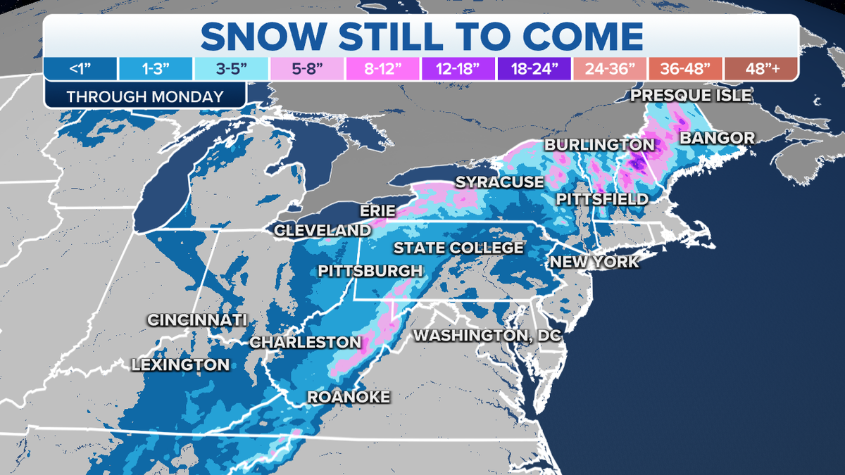 Expected snowfall totals through Monday.