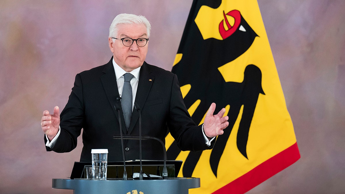 German President Frank-Walter Steinmeier speaks about the pros and cons of mandatory vaccination to overcome the Covid 19 pandemic in Germany at the start of a discussion with guests, as well as digitally connected participants, at Bellevue Palace in Berlin, Germany, Wednesday, Jan. 12, 2022. 