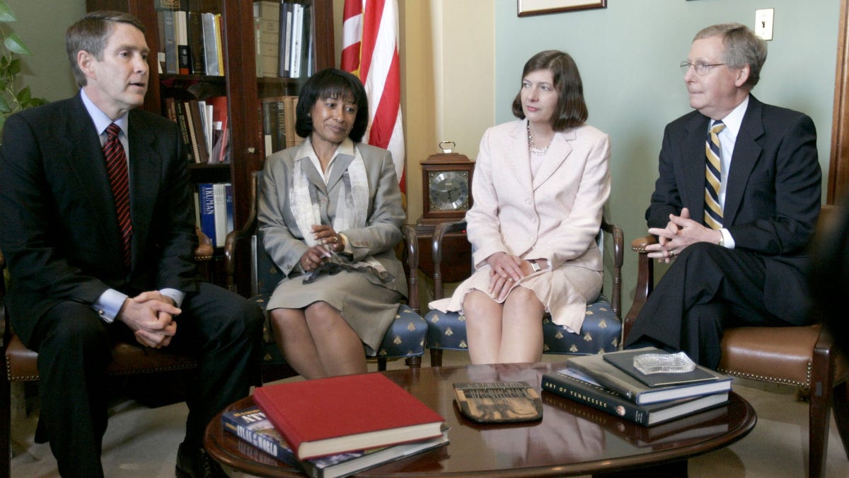 United States Senate Majority Leader Bill Frist (R-TN), (left) and Senate Majority Whip Mitch McConnell (R-KY), (R), appear with two of President George W. Bush's judicial nominees, California Supreme Court Justice Janice Rogers Brown, second from left, and Texas Supreme Court Justice Priscilla Owen, REUTERS/Chip Somodevilla