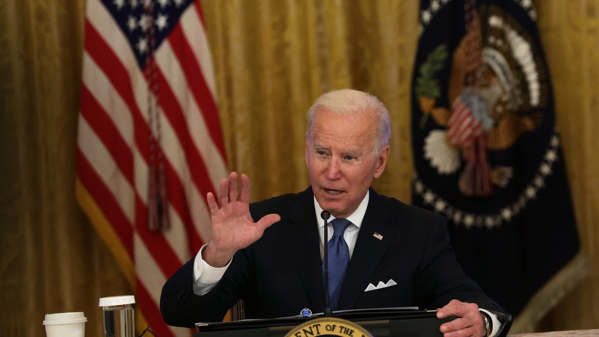 President Biden speaks during a meeting with the White House Competition Council in the East Room of the White House Jan. 24, 2022, in Washington, D.C.