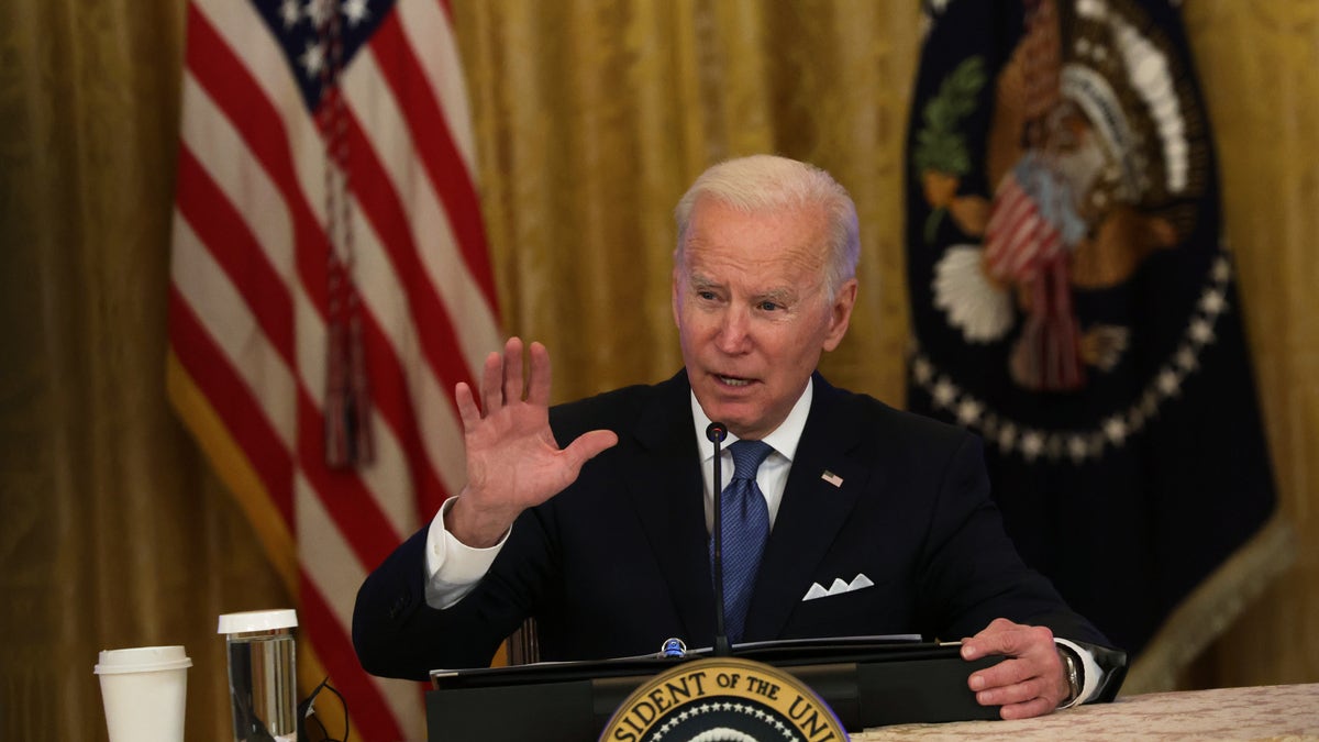 U.S. President Joe Biden speaks during a meeting with the White House Competition Council in the East Room of the White House January 24, 2022 in Washington, DC. Biden discussed efforts to lower prices for Americans laid out in his July 2021 executive order on promoting competition in the economy