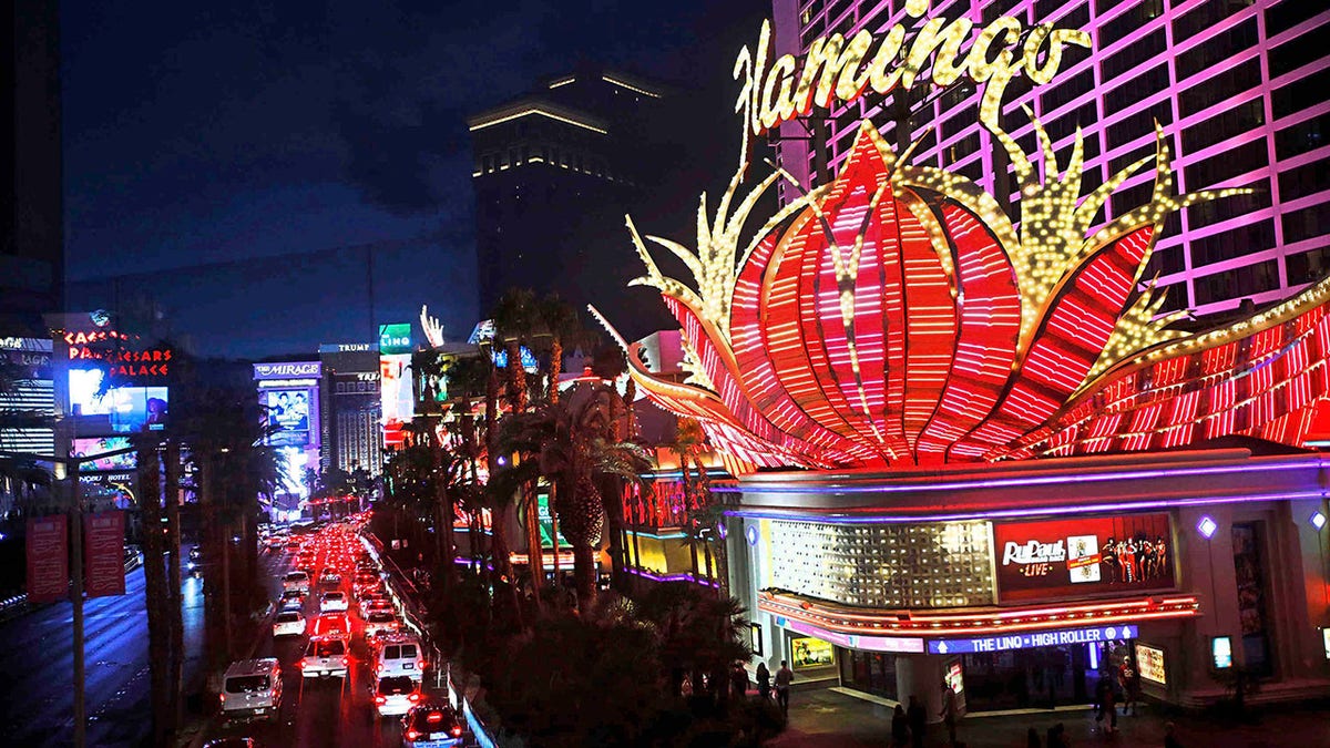Motorists slowly move along Las Vegas Boulevard on New Year's Eve, Friday, Dec. 31, 2021, in Las Vegas. (Chitose Suzuki/Las Vegas Review-Journal via AP)