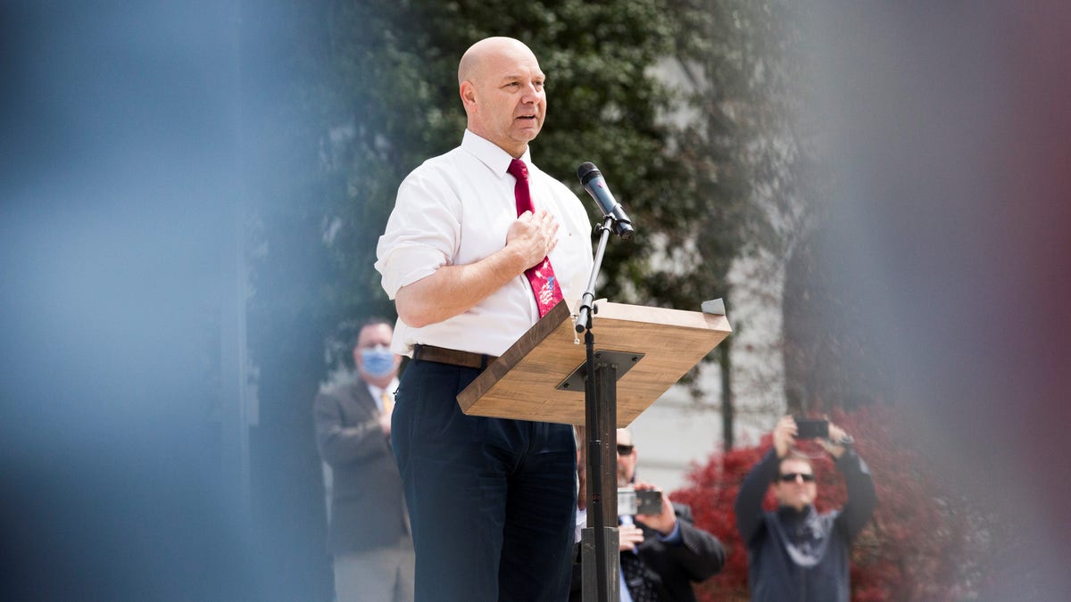 Pennsylvania State Senator Doug Mastriano speaks at a protest against the state's extended stay-at-home order to help slow the spread of the coronavirus disease