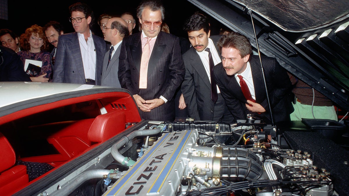 The V16 engine is mounted transversely in the engine bay.