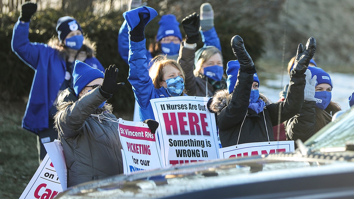 More than 300 people in front of St. Vincent Hospital as union nurses announce a strike in Worcester, Massachusetts, on March 7, 2021. 