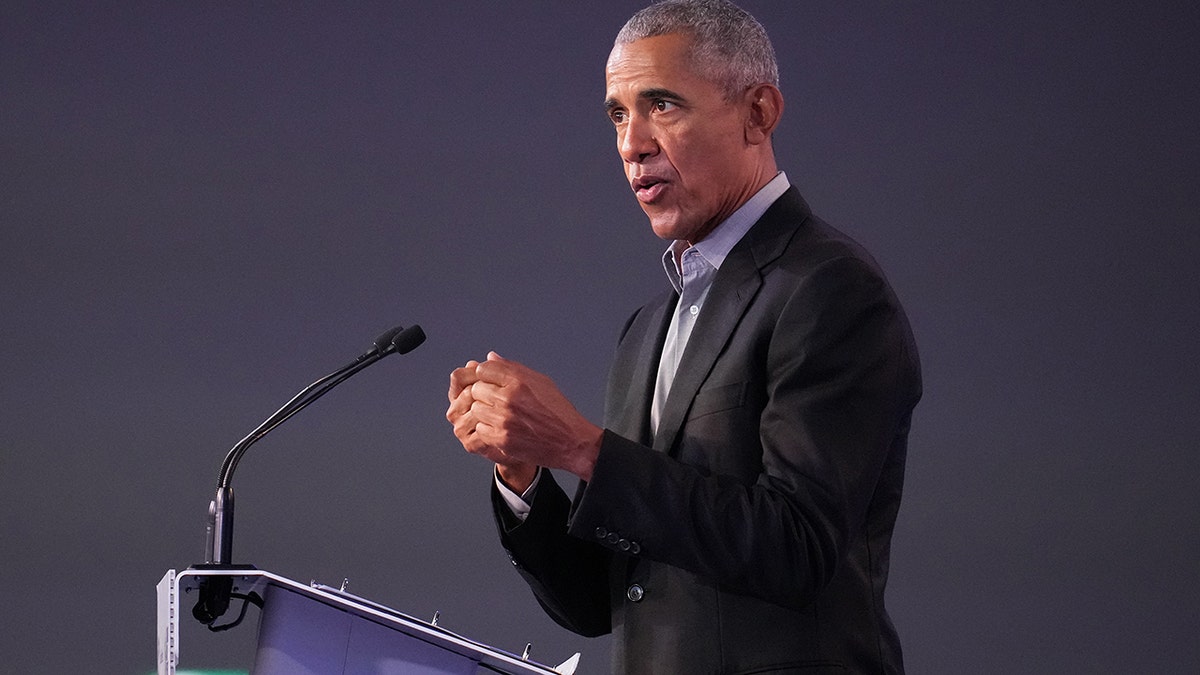 Former President Obama delivers a speech while attending day nine of the COP26 on Nov. 8, 2021, in Glasgow, Scotland.