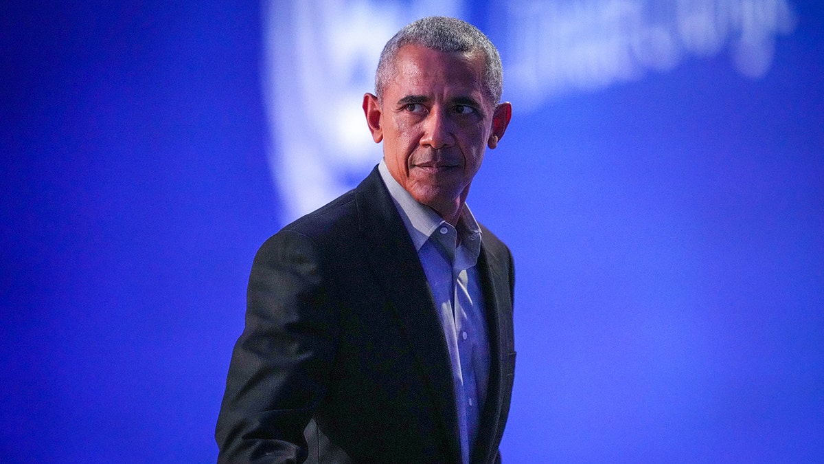 Former President Barack Obama leaves after he delivered a speech while attending day nine of the COP26 at SECC on Nov. 8, 2021 in Glasgow, Scotland.