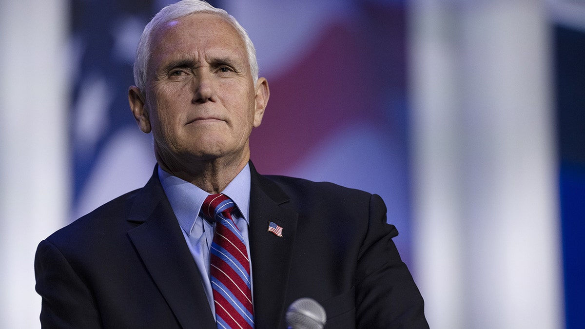Former Vice President Mike Pence pauses while speaking during the Republican Jewish Coalition (RJC) Annual Leadership Meeting in Las Vegas, Nevada, on Nov. 6, 2021.