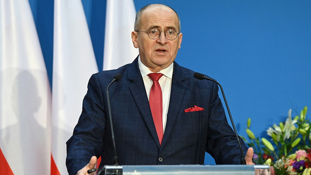 Poland's Foreign Minister Zbigniew Rau speaks during a press conference after the Visegrad Four (V4) group and Morocco meeting at Puskas Arena of Budapest, Hungary on Dec. 7, 2021.