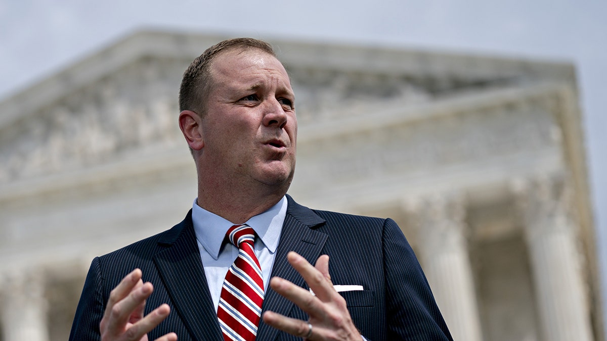 Eric Schmitt, Missouri attorney general, speaks during a news conference outside the Supreme Court in Washington, D.C., U.S., on Monday, Sept. 9, 2019.