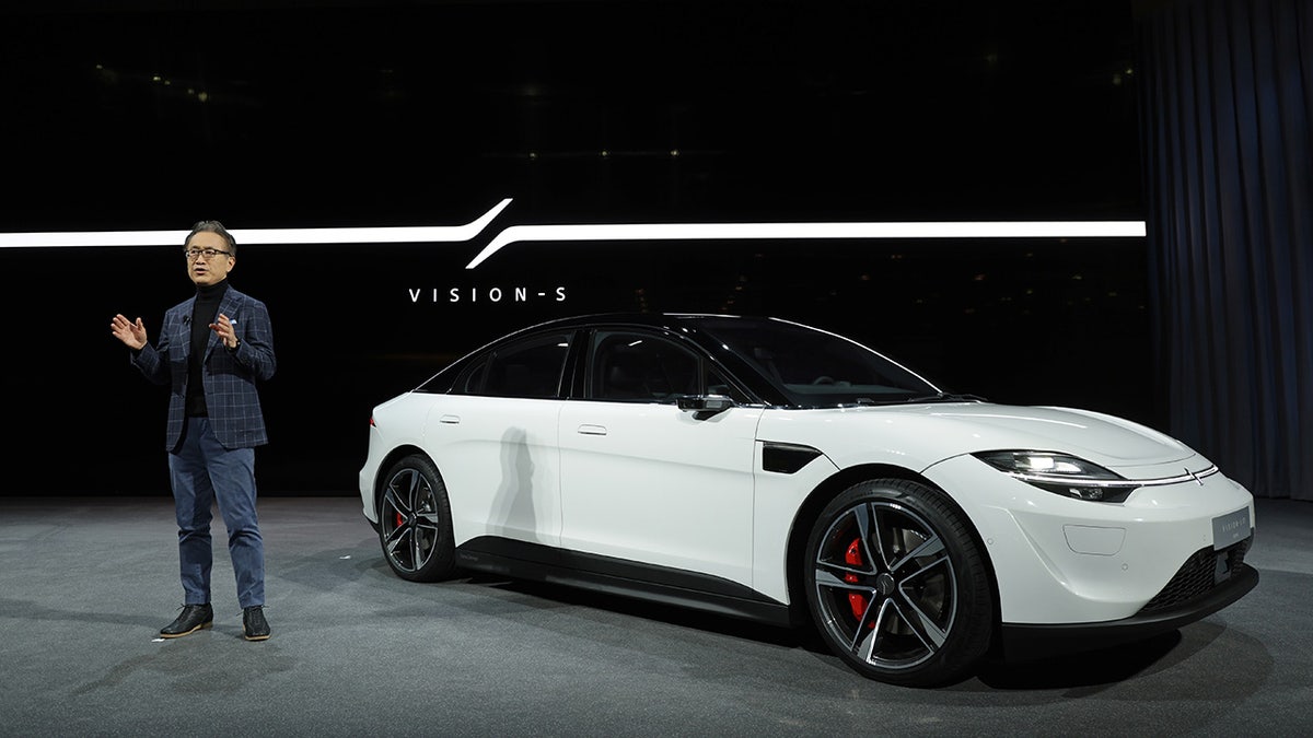 The electric Vision-S midsize sedan features a 536 hp all-wheel-drivetrain.