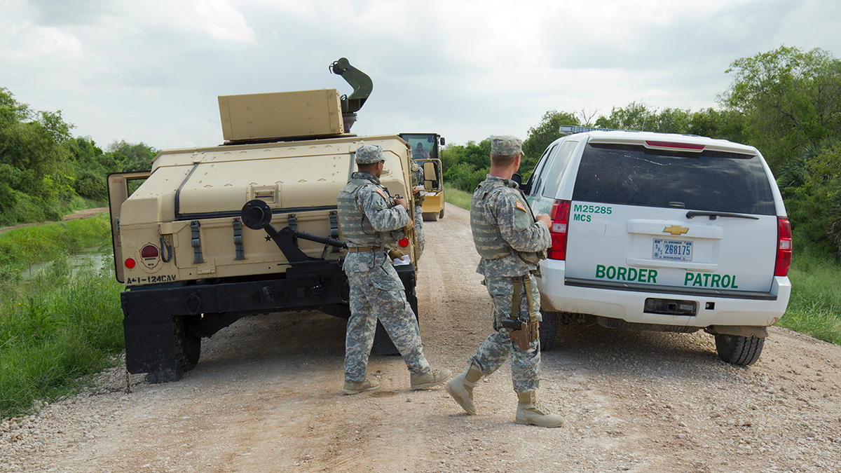National Guard troops do a shift change on the Rio Grande levee near Anzalduas Park in Granjeno, TX south of Mission in Hidalgo County.