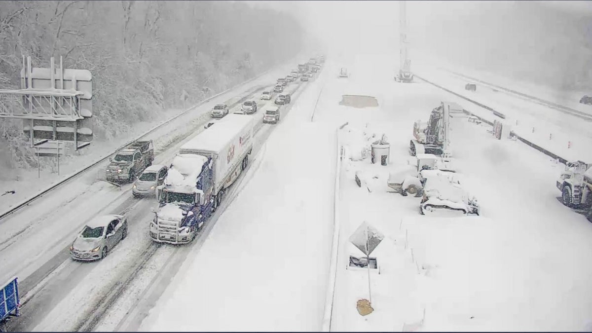 This image provided by the Virginia department of Transportation shows a closed section of Interstate 95 near Fredericksburg, Va., on Monday. 