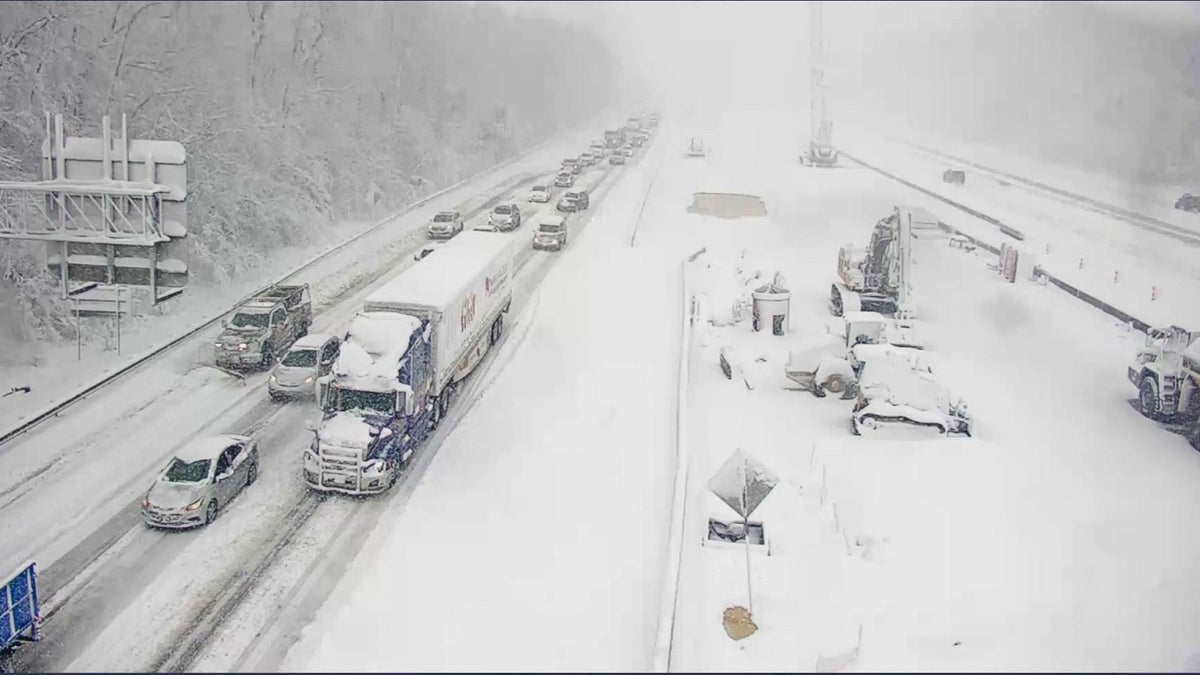 This image provided by the Virginia department of Transportation shows a closed section of Interstate 95 near Fredericksburg, Va., on Monday.?