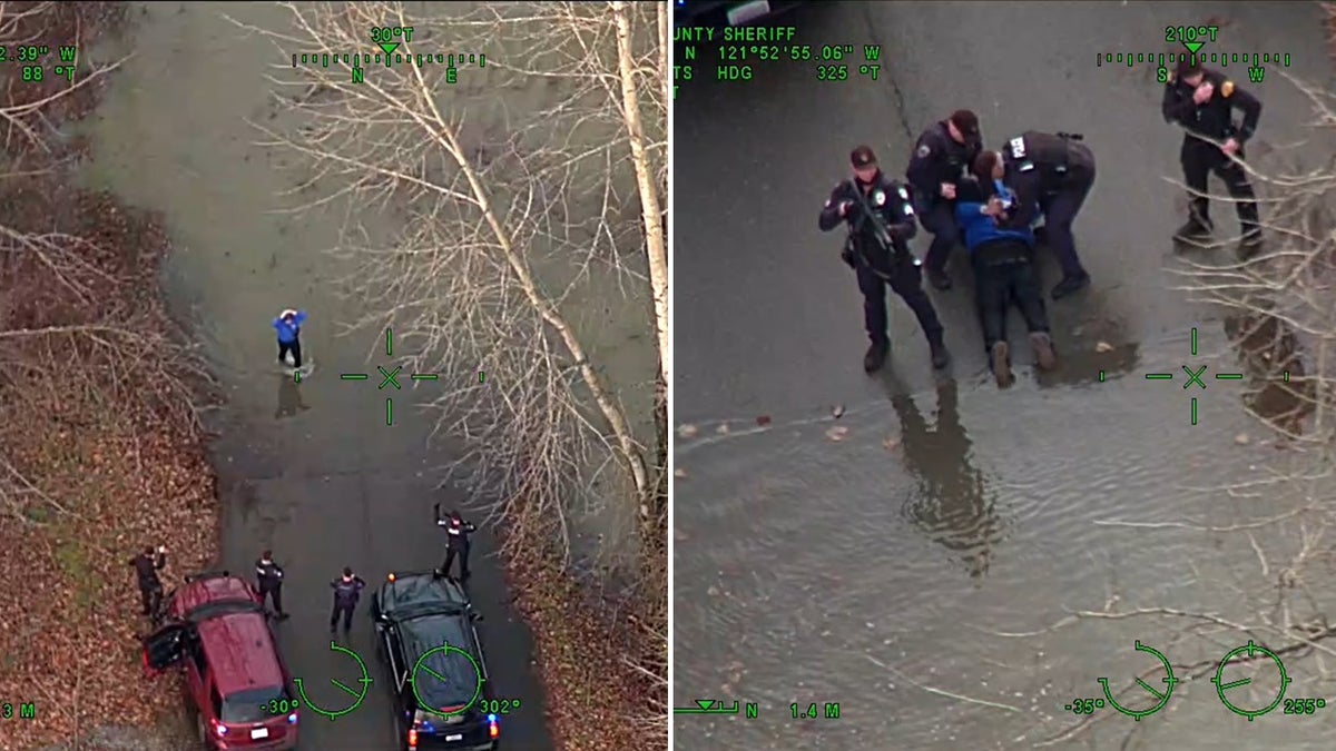 Two carjacking suspects were arrested in Washington state Wednesday after stealing two vehicles and getting one stuck in a flooded river while trying to escape police during a chase, authorities said.