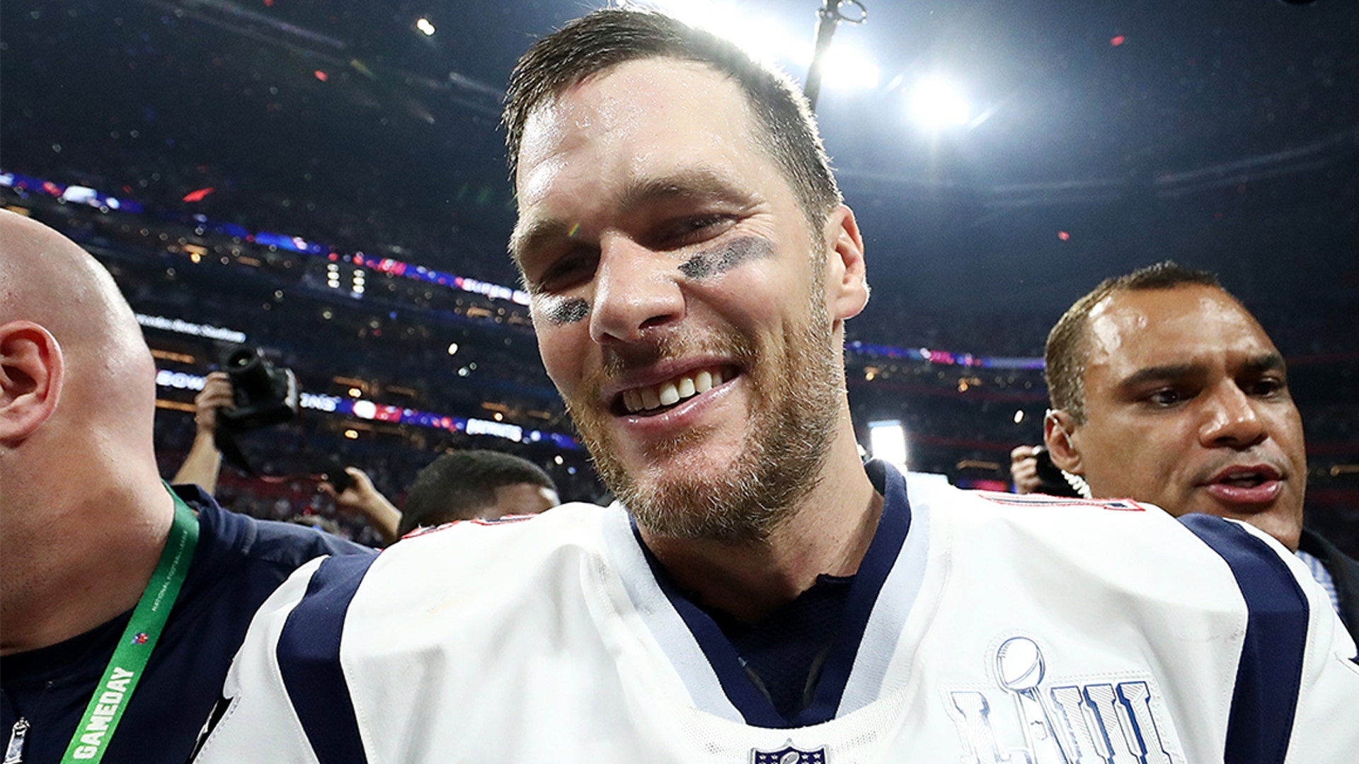 Tom Brady #12 of the New England Patriots  celebrate the teams 13-3 win over the Los Angeles Rams during Super Bowl LIII at Mercedes-Benz Stadium on February 03, 2019 in Atlanta, Georgia.