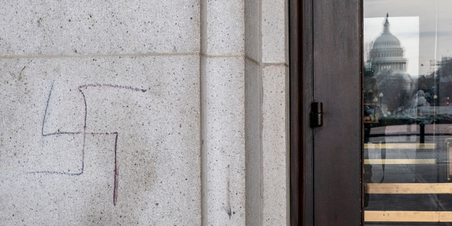 Union Station in Washington, DC, is vandalized with a Swastika on January 29, 2022, two days after International Holocaust Remembrance Day. 