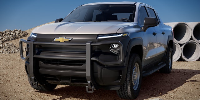 The Silverado EV is compatible with a front brush guard protecting its "frunk".