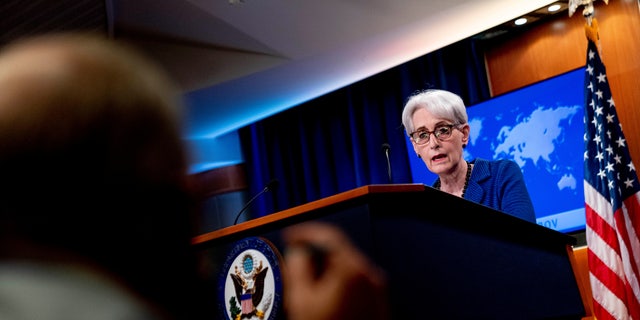 Deputy Secretary of State Wendy Sherman answers a question from a reporter while speaking on the situation in Afghanistan at the State Department in Washington, D.C., Aug. 18, 2021. 