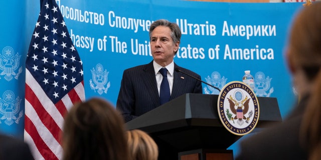 Secretary of State of U.S. Antony Blinken speaks as he greets embassy staff at the U.S. embassy, in Kyiv, Ukraine, January 19, 2022.