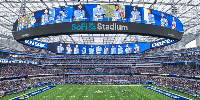 This is a general overall interior view of SoFi Stadium as the Los Angeles Rams takes on the Tampa Bay Buccaneers in an NFL football game on Sept. 26, 2021, in Inglewood, Calif.