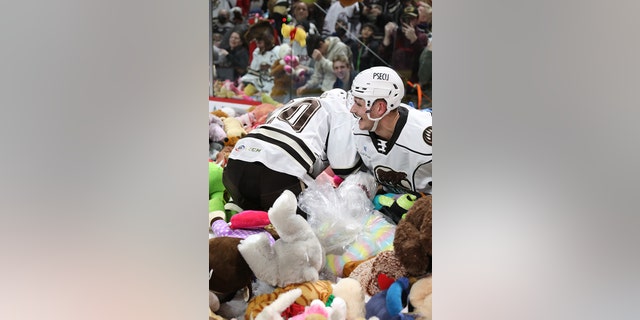 Thousands of stuffed animals were thrown onto the ice during the 2022 GIANT Teddy Bear Toss at the Giant Center in Hershey, Pennsylvania.
