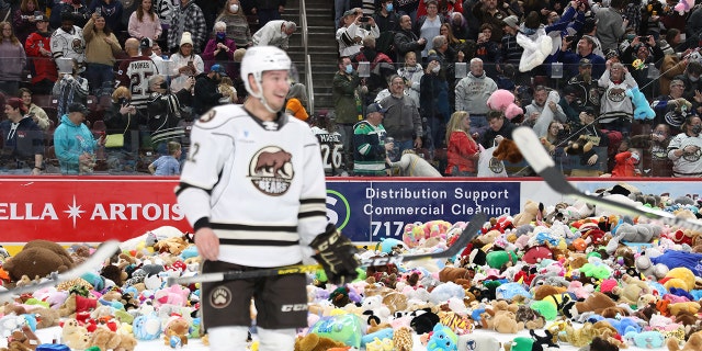 Thousands of stuffed animals were thrown onto the ice during the 2022 GIANT Teddy Bear Toss at the Giant Center in Hershey, Pennsylvania.