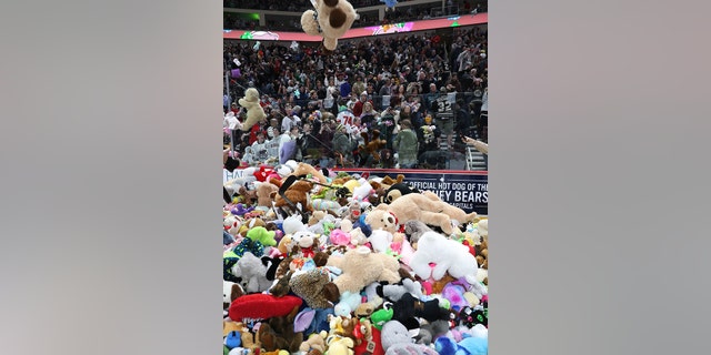 Thousands of stuffed animals were thrown onto the ice during the 2022 GIANT Teddy Bear Toss at the Giant Center in Hershey, Pennsylvania.