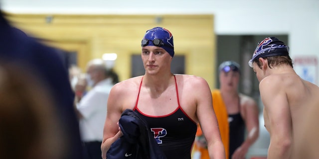 Lia Thomas of the Pennsylvania Quakers after winning the 500 meter freestyle event during a tri-meet against the Yale Bulldogs and the Dartmouth Big Green at Sheerr Pool on the campus of the University of Pennsylvania on January 8, 2022 in Philadelphia, Pennsylvania.