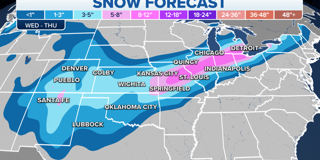 Expected snowfall totals for mid-week.