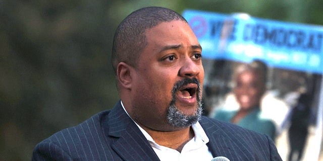 District attorney candidate Alvin Bragg speaks during a Get Out the Vote rally at A. Philip Randolph Square in Harlem on November 01, 2021, in New York City. 