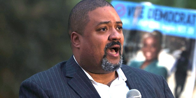 Then-Manhattan district attorney candidate Alvin Bragg speaks during a Get Out the Vote rally at A. Philip Randolph Square in Harlem in 2021 in New York City. Bragg has come under fire for his progressive criminal justice policies amid a crime wave across the city.